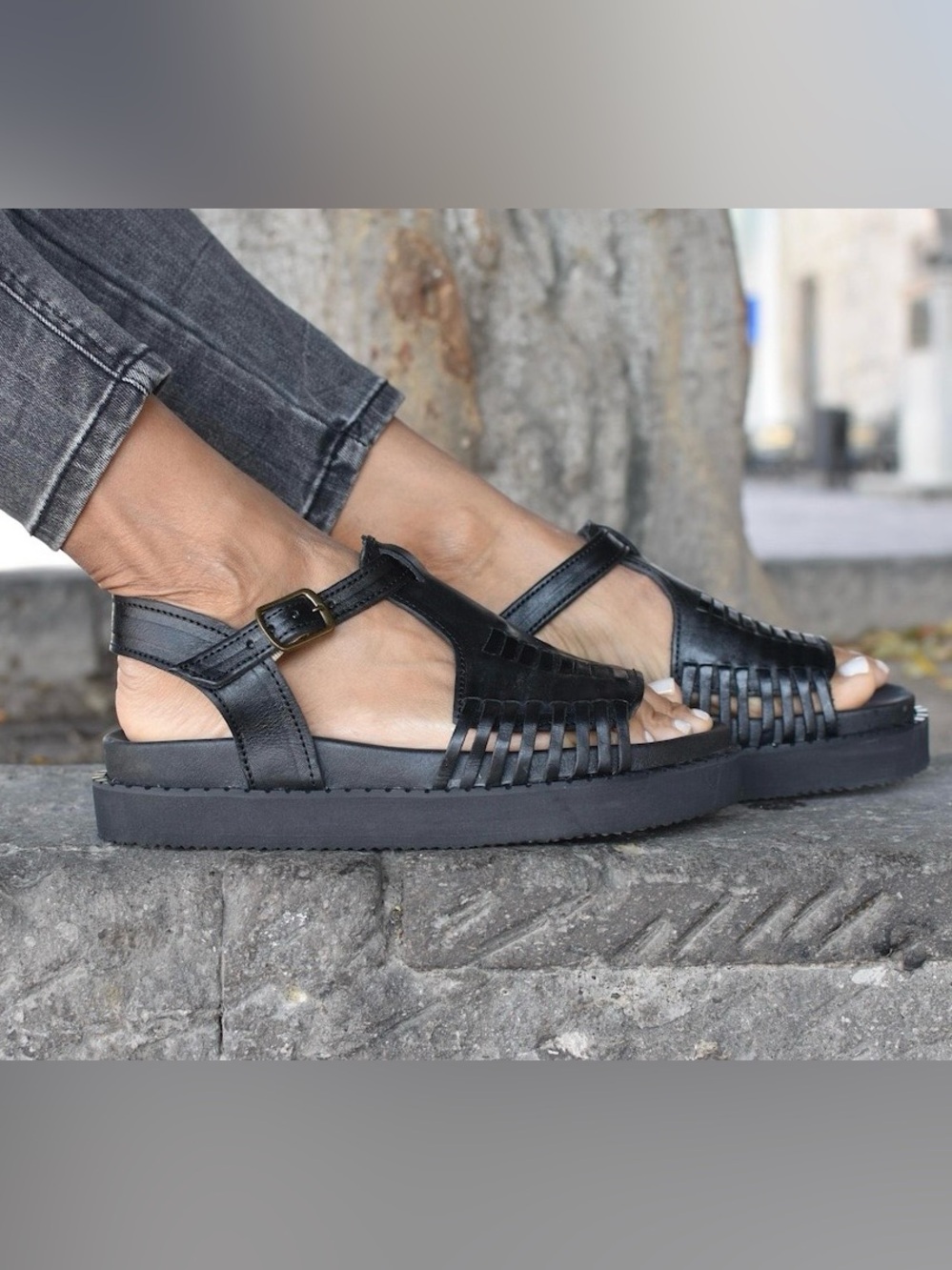 Handmade Black Leather Huarache Style Sandals- New Without Box